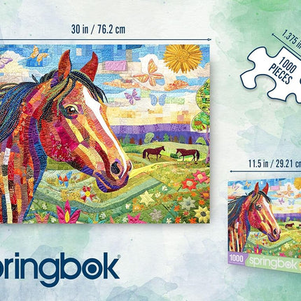 Springbok Patchwork Pony 1000 Piece Puzzle for Adults - Stunning Mosaic-Style Horse Puzzle Set in a Colorful, Blooming Meadow with Butterflies.