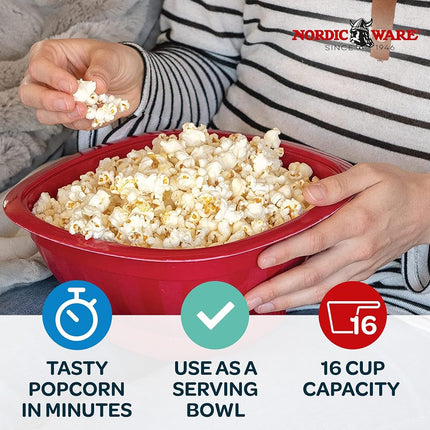 Nordic Ware Pro Pop Popper, BPA-Free Plastic Popcorn Popper, 16 Cup Capacity Microwave Popcorn Bowl, Premium Kitchen Accessories, Made in The USA, Red