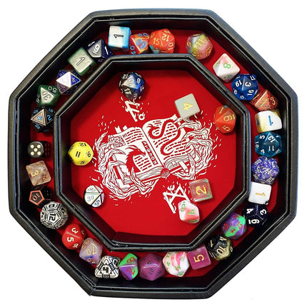 Fantasydice RED Fire Dragon with Wizard Book Print Dice Storage and Rolling Tray 8" Octagon with Lid and Dice Staging Area- Holds 5 Sets(7 Dice Set/Standard) for All Tabletop RPGs
