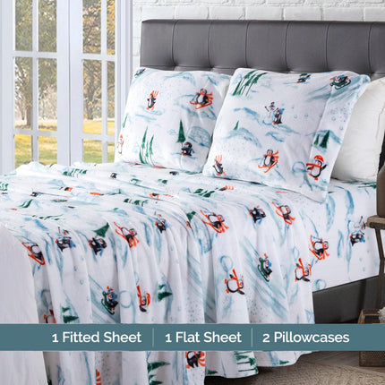 Elegant Comfort Luxuriously Soft 4-Piece Holiday Velvet Plush Flannel Sheet Set - Premium Quality - Cozy Warm, Christmas Fuzzy Velvet Flannel Fleece Deep Pocket Sheet Set - Twin XL, Skiing Penguins
