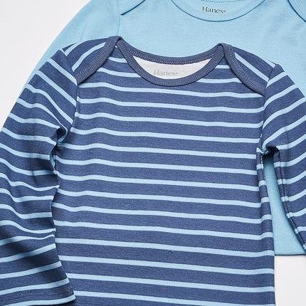 Hanes Kids T-shirt de corps à manches longues pour bébé, en tricot souple à épaules extensibles, lot de 4, rayures bleues, 0-6 mois