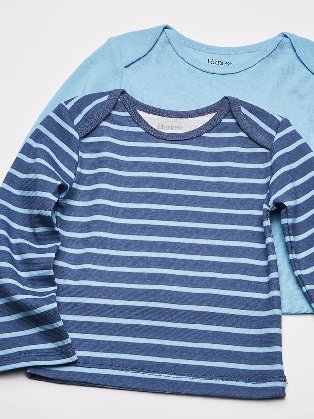 Hanes Kids Baby Long-Sleeve Undershirt, Flexy Soft Knit Expandable Shoulder Pullover for Babies & Toddlers, 4-Pack, Blue Stripe, 0-6 Months
