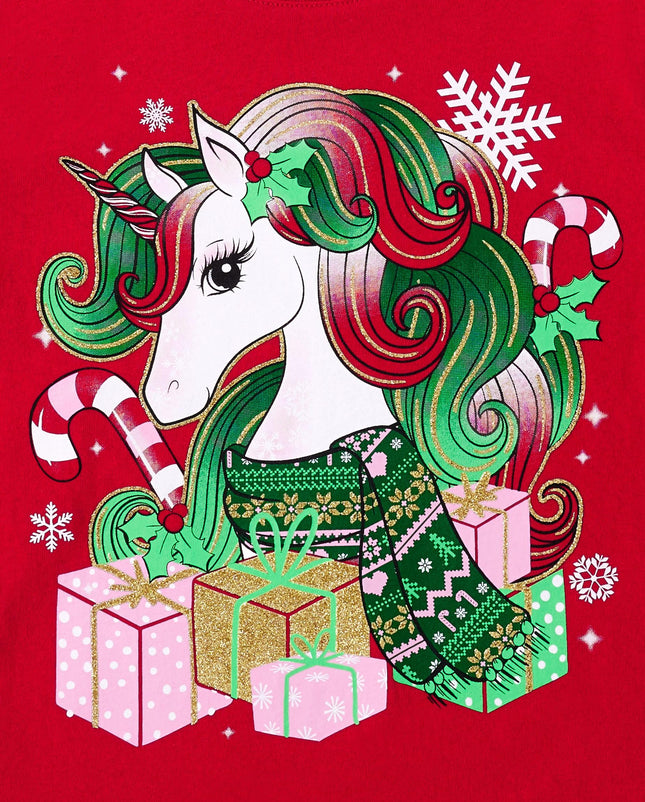 T-shirts graphiques à manches longues Filles The Children's Place pour toutes les fêtes, lots multiples, Licorne de Noël/Arbre pour fille, lot de 2, Taille L