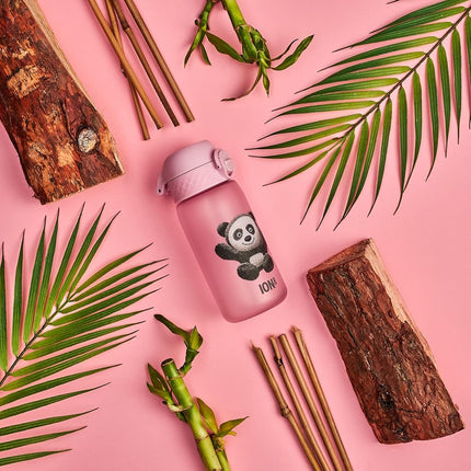 Ion8 Small Water Bottle, 350 ml/12 oz, Leak Proof, Easy to Open, Secure Lock, Dishwasher Safe, BPA Free, Carry Handle, Hygienic Flip Cover, Easy Clean, Odor Free, Carbon Neutral, Pink, Panda Design
