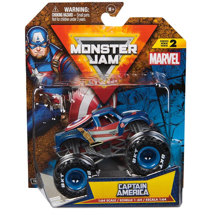 Monster Jam, Marvel Official Captain America Monster Truck, Die-Cast Vehicle, 1:64 Scale, Super Hero Kids Toys for Boys Ages 3 and up