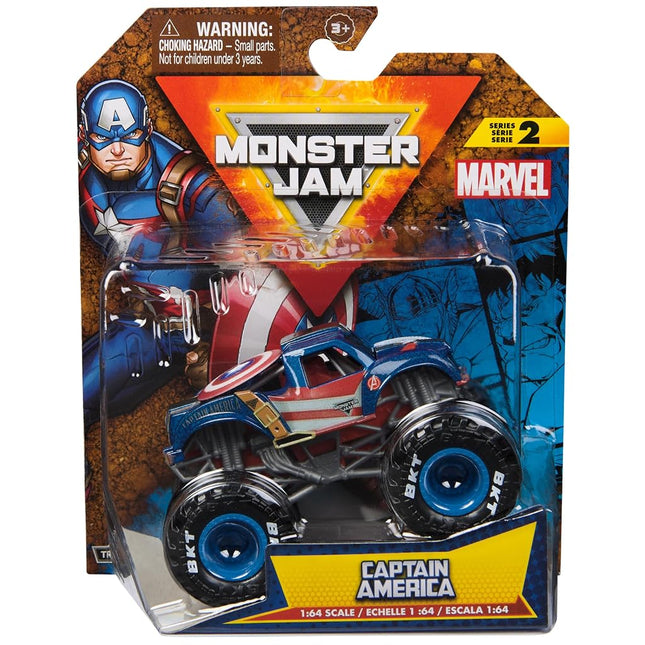 Monster Jam, Marvel Official Captain America Monster Truck, Die-Cast Vehicle, 1:64 Scale, Super Hero Kids Toys for Boys Ages 3 and up