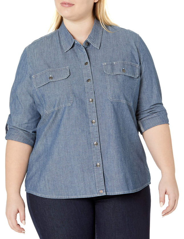Dickies Women's Plus Size Long Sleeve Roll-Tab Work Shirt Plus Size Long Sleeve Roll-Tab Work Shirt, Light stonewashed, 2X