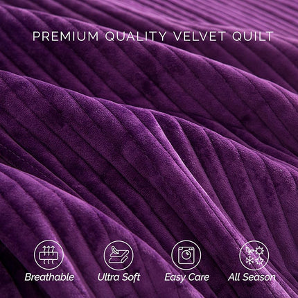 Elegant Comfort Luxury 3-Piece Velvet Corduroy Stripe Quilt Set, Ultra Soft Bedspread - Cozy Velvet Coverlet Set - 3PC Medium Weight Quilted Set with Matching Pillow Shams, Full, Purple