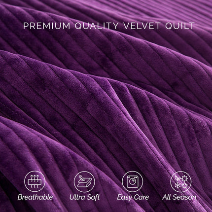 Elegant Comfort Luxury 3-Piece Velvet Corduroy Stripe Quilt Set, Ultra Soft Bedspread - Cozy Velvet Coverlet Set - 3PC Medium Weight Quilted Set with Matching Pillow Shams, Full, Purple
