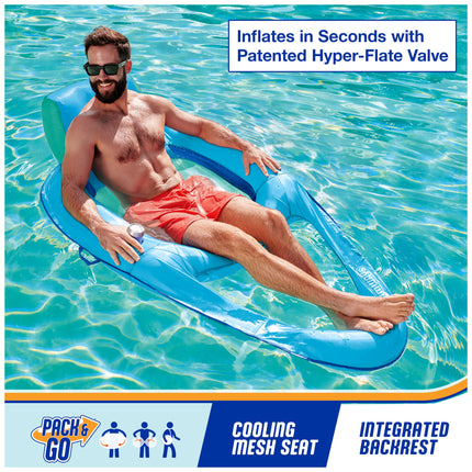 Sillón reclinable SwimWays Spring Float Premium XL para piscina, flotadores inflables de piscina para adultos con inflado rápido, portavasos y reposapiés, soporta hasta 136 kg, azul