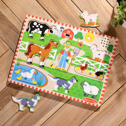 Melissa & Doug Rompecabezas musical de la Granja de Old MacDonald – Rompecabezas de madera con 8 piezas y clavijas, con sonidos activados por la luz, juguete de aprendizaje musical para niños pequeños y preescolares de 2 años en adelante