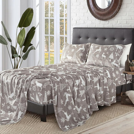 Elegant Comfort Luxuriously Soft 4-Piece Holiday Velvet Plush Flannel Sheet Set - Premium Quality - Cozy Warm, Christmas Fuzzy Velvet Flannel Fleece Deep Pocket Sheet Set - Twin XL, Silver Reindeer