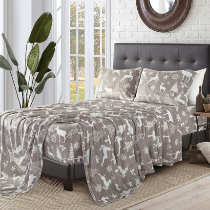 Elegant Comfort Luxuriously Soft 4-Piece Holiday Velvet Plush Flannel Sheet Set - Premium Quality - Cozy Warm, Christmas Fuzzy Velvet Flannel Fleece Deep Pocket Sheet Set - Twin XL, Silver Reindeer