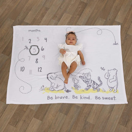 Disney Classic Winnie The Pooh, White, Grey and Lime Super Soft Milestone Baby Blanket (5060259P)