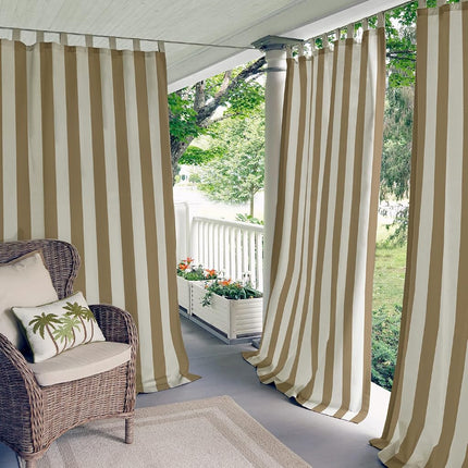 Elrene Home Fashions Highland Stripe Indoor/Outdoor Adhesive Loop Fastener Tab Top Window Curtain Panel for Patio, Pergola, Porch, Deck, Lanai, and Cabana, 50"x84", Natural