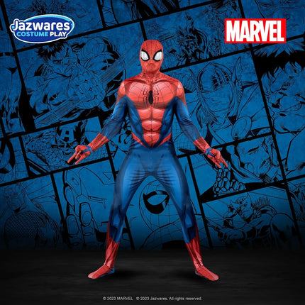 marvel Spider-Man Official Adult Deluxe Zentai Suit - Spandex Jumpsuit with Printed Design and Detachable Spandex Mask with Plastic Eyes