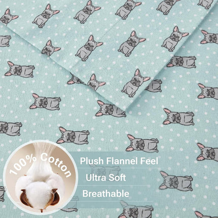 SLEEP PHILOSOPHY True North Cozy Flannel 100% Cotton Ultra Soft Cold Weather Sheet Set Bedding, Cal King, Aqua French Bulldog