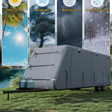 Travel Trailer RV Cover 27'-30',Anti-UV Windproof Waterproof Rip-Stop RV Covers Extra-Thick Upgraded 7 Layers for Camper Cover, 2Pcs Extra Straps & 4 Tire Covers