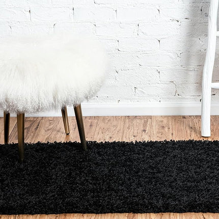 Unique Loom Solo Solid Shag Collection Modern Plush Jet Black Runner (3' x 10')