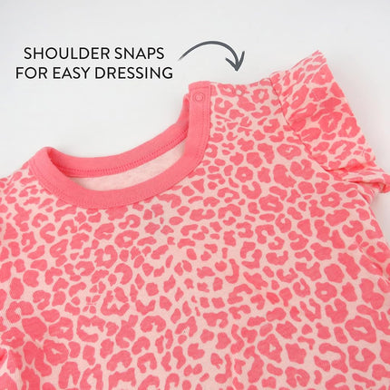HonestBaby Baby Girls' Organic Cotton Sleeveless Rib Romper, T-Shirt and Headband Toddler Set, Mini Cheetah Coral, 18 Months (Pack of 3)