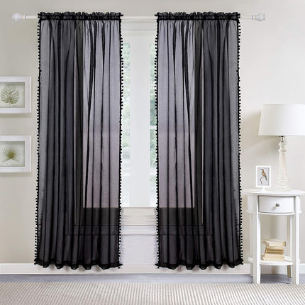 Elegant Comfort Luxurious Pom Pom Tassled Sheer Curtain/Panel with 2" Rod Pocket - Set of 2 Curtain Panels for Living Room, Bedroom