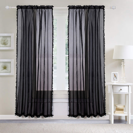 Elegant Comfort Luxurious Pom Pom Tassled Sheer Curtain/Panel with 2" Rod Pocket - Set of 2 Curtain Panels for Living Room, Bedroom