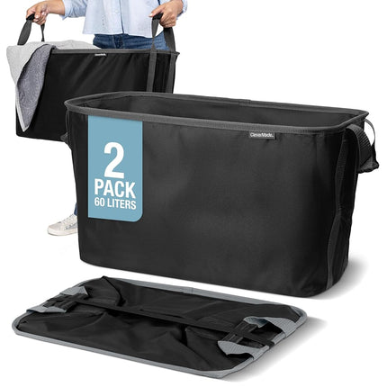 CleverMade Collapsible Laundry Basket Hamper - Black 2-Pack 60L - Space Saving Storage Organizer with Handles Foldable Home Organization