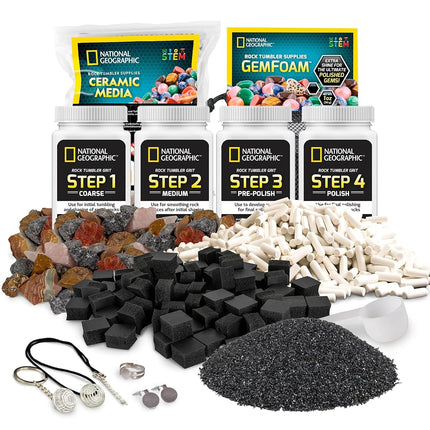 NATIONAL GEOGRAPHIC Rock Tumbler Media – Polisher Kit, 4 Stage Grit and Polish, Ceramic Pellets, GemFoam Foam, 3 lbs Madagascar Rocks, Great for All Polishers