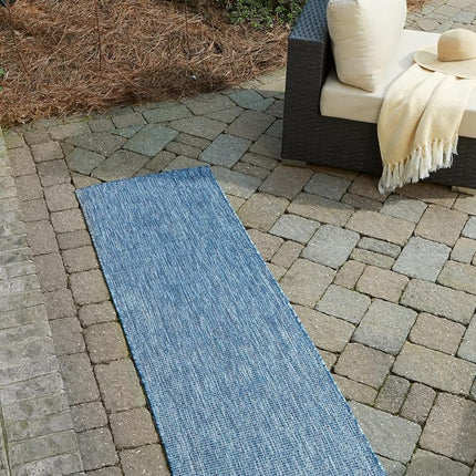 Unique Loom Collection Alfombra lisa jaspeada de transición casual para interior/exterior de tejido plano, 2 pies 7 pulgadas x 12 pies, azul marino/azul claro