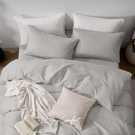 JELLYMONI 100% Natural Cotton 3pcs Striped Duvet Cover Sets,White with Grey Stripes Pattern Printed Comforter Cover,with Zipper Closure & Corner Ties(Queen Size)