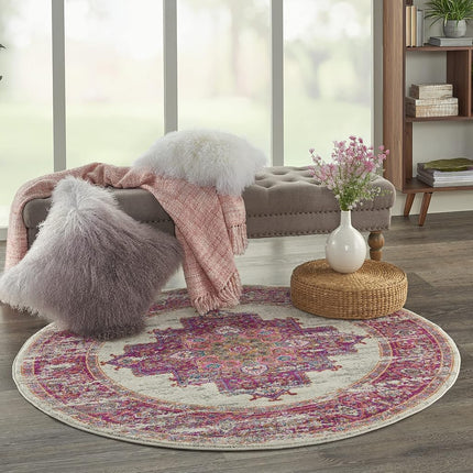 Tapis Nourison PSN03 Passion Vintage vieilli ivoire/fuchsia 120 cm rond