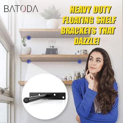BATODA - 8" Heavy Duty Floating Shelf Bracket (6 pcs) – Solid Steel Blind Shelf Supports - Hidden Brackets for Floating Wood Shelves - Screws and Wall Plugs Included (Large Size)