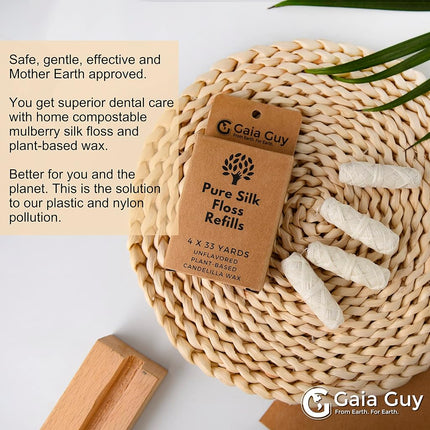 Gaia Guy Silk Dental Floss Refill | Unflavored Natural Silk | 4 x 30 Meter Spools | Compostable, Biodegradable & Eco-Friendly