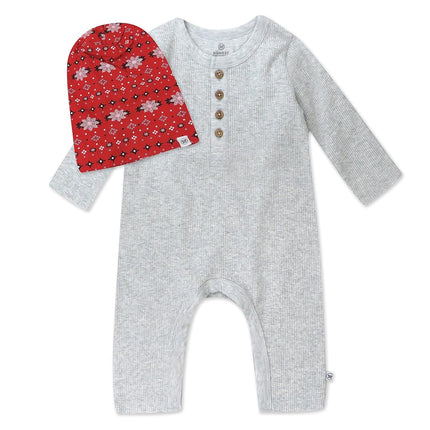 HonestBaby unisex-baby Long Sleeve Rib Coverall and Beanie Set Organic Cotton, Light Gray Heather/Fair Isle Red, 12 Months