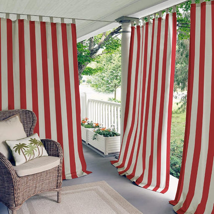Elrene Home Fashions Highland Stripe Indoor/Outdoor Adhesive Loop Fastener Tab Top Window Curtain Panel for Patio, Pergola, Porch, Deck, Lanai, and Cabana, 50"x95", Red