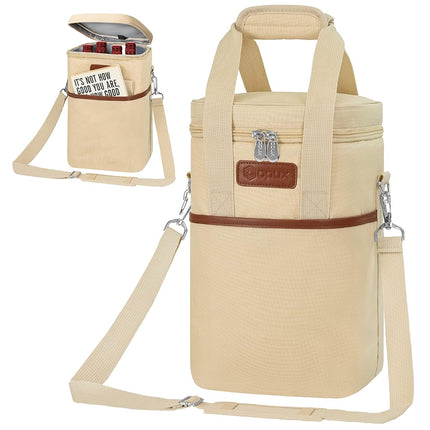 Opux 4 Bottle Insulated Wine Cooler Bag - Leakproof Padded Portable Wine Bottle Carrier for Travel Picnic BYOB Gift (Beige Cream)