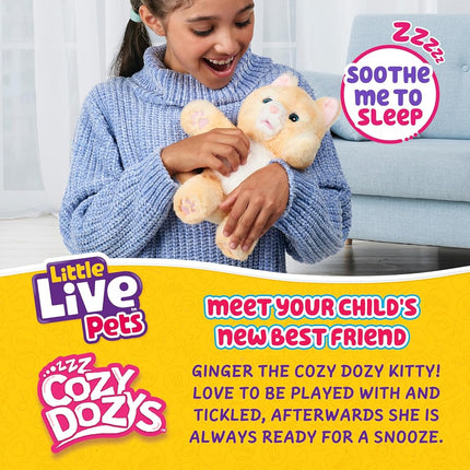 Little Live Pets Cozy Dozys Ginger The Pet Cat Toy, Interactive Plush Electronic Cat with 25+ Sounds, Soft Bedtime Kitty Toys for Kids of Ages 4+