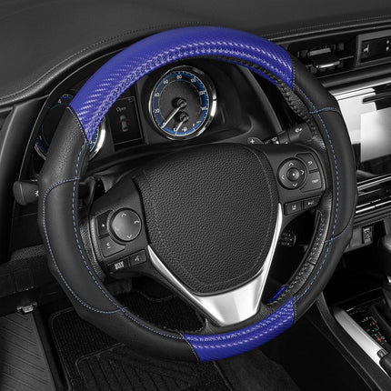 BDK GripDrive Blue Carbon Fiber Steering Wheel Cover, Standard 15 inch Size, Black Faux Leather Comfort Grip, Car Steering Wheel Cover for Auto Truck Van SUV