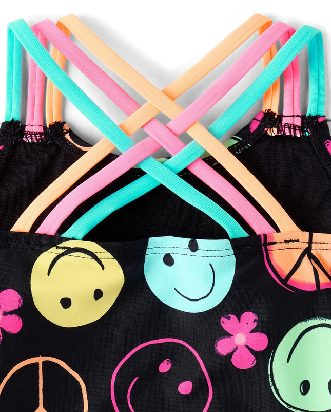 The Children's Place Girls' and Toddler 2 Piece Tankini Swimsuit, Black Doodle Icons, 6-9 Months
