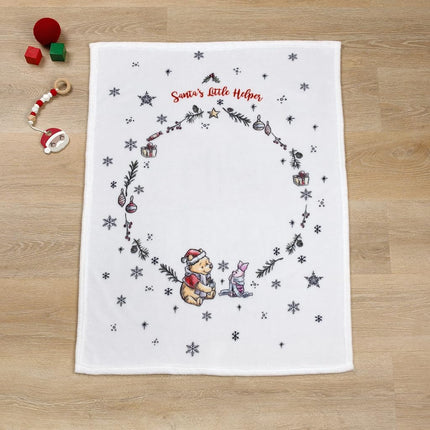 Disney Winnie the Pooh and Piglet White, Red, and Green Christmas Holiday Wreath "Santa's Little Helper" Photo Op Super Soft Baby Blanket