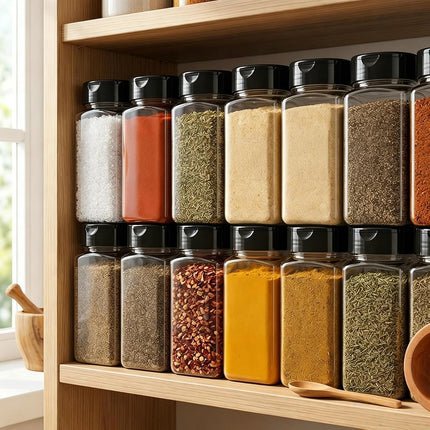 Bekith 16 Pack 9 Oz Plastic Spice Jars Bottles Containers with Black Cap – Perfect for Storing Spice, Herbs and Powders