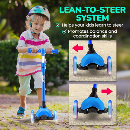 Hurtle Mini Kickboard Scooter for Kids - Height Adjustable 25''-28'', Lightweight 3-Wheel Toddler Scooter with LED Light-up Wheels, Anti-Slip,Indoor/Outdoor Fun for Ages 2-5 (Green)