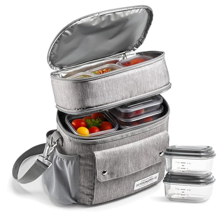 Fit & Fresh Foundry Westminster Dual-Compartment Insulated Lunch Bag for Men, Complete Lunch Set with 2 Containers, Double Deck Insulated Cooler Bag with Adjustable Strap, Steel