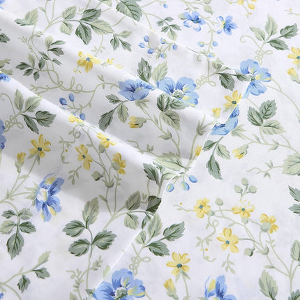 Laura Ashley Home - Queen Sheets, Soft Sateen Cotton Bedding Set - Sleek, Smooth, & Breathable Home Decor (Meadow Floral Blue,4pcs, Queen)