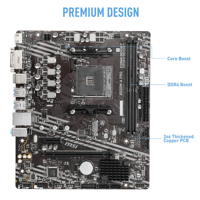 Placa base para juegos MSI A520M-A PRO V1 (AMD Ryzen serie 5000, AM4, DDR4, PCIe 3.0, SATA 6Gb/s, M.2, USB 3.2 Gen 1, DVI/HDMI, Micro-ATX)