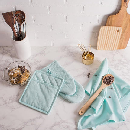 DII 100% Cotton Solid Chambray Kitchen Set, Potholders, Aqua, 2 Piece