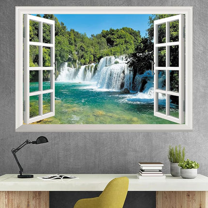 FLFK Fake Window Wall Sticker - Waterfall Faux Window Wall Mural for Wall Decor, Stick and Peel Wall Decals, 48"x32", Set of 2 Sheets