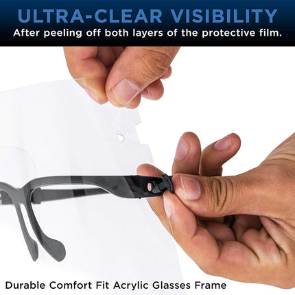 TCP Global Salon World Safety Face Shields with Black Glasses Frames (Pack of 25) - Ultra Clear Protective Full Face Shields to Protect Eyes, Nose, Mouth - Anti-Fog PET Plastic, Goggles