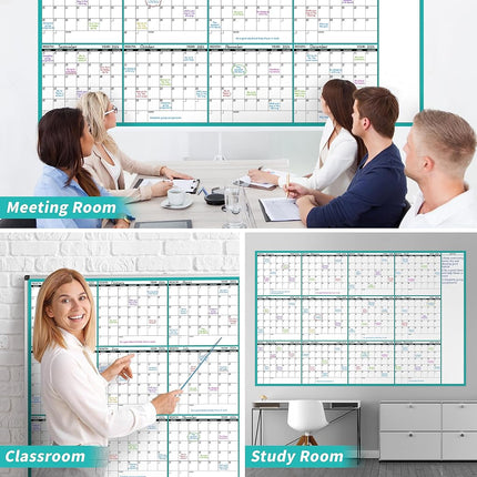 Large Dry Erase Calendar for Wall - Undated 12 Month Wall Calendar, 37”×58", Yearly Wall Calendar Dry Erase, Erasable & Reusable Calendar with 15 Round Stickers, Green Large Wall Calendar Dry Erase
