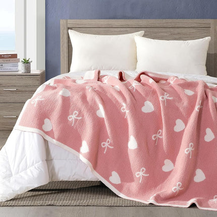 Elegant Comfort Valentine's Day Knit Throw Blanket, Hearts and Bows Super Soft Cozy Fluffy Warm Throw Blankets for Couch, Sofa, Chair, Bed, Camping, Picnic, Travel Lightweight Bed Blanket (50" x 70")